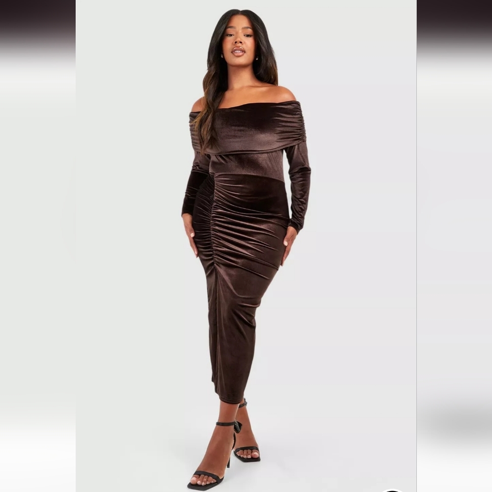 Chocolate brown off the shoulder velvet ruched split hem dress plus